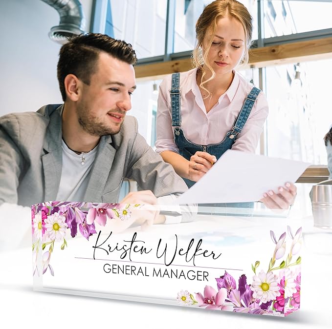 Personalized Name Plates for Office - Gifts for Teacher, Boss, Employee Appreciation - Office Desk Decor (Floral)