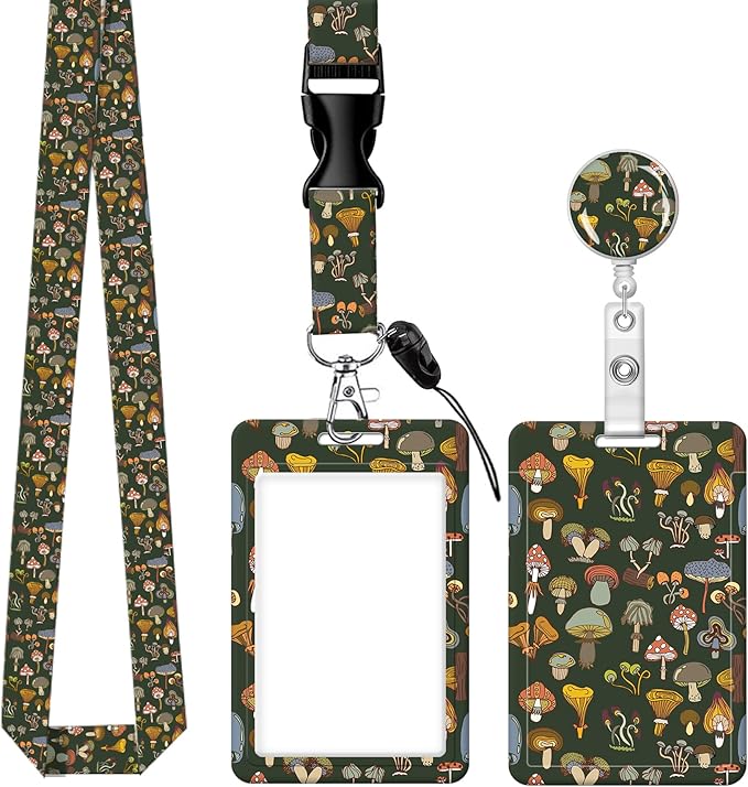 BLOCIT ID Badge Holder with Lanyard - Fashionable ID Card Holders with Retractable Lanyards - Soft Fiber Metal Clip Sturdy Buckle for Key Wallet - Work Nurse Teacher (Different Mushroom)