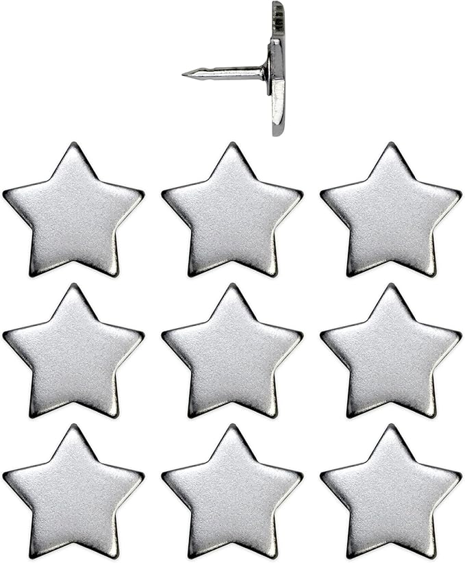 Big Star Push Pins - Silver Star Pins - for Cork Board, Maps, or Lapel Pin Use - Designed in USA - Set of 10