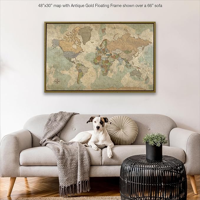 HolyCowCanvas Personalized Push Pin World Map on Canvas in Vintage Earth Tones, Customize with Your Names and Quote to Track Travels, World Map Pin Board, Travel Tracker (48x30, Rolled/Unframed)