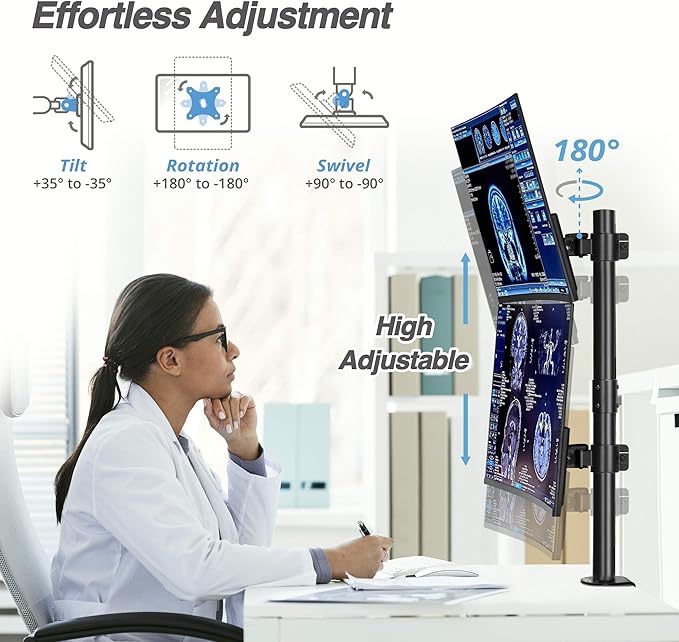 AVLT 38" Vertical Ultrawide Monitor Mount Stand Two Stacked 26.5 lbs Screens on Heavy-Duty Pole Save Workspace with Fine-Tune Height Tilt Swivel Rotate Adjustment C-clamp and Grommet Mounting Base