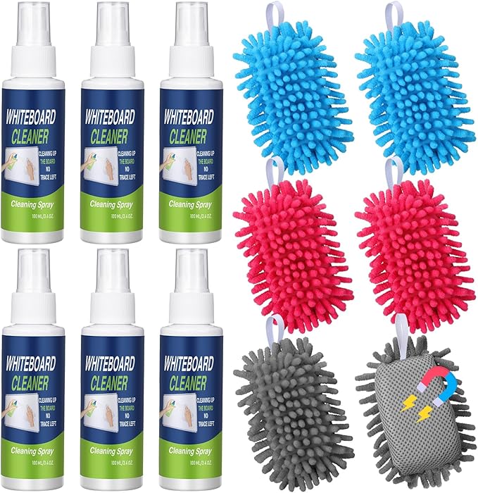 6 Pack Whiteboard Cleaner 3.4 Fl oz White Board Cleaning Spray Dry Erase Board Cleaner with Microfiber Shag Whiteboard Eraser Removes Stubborn Marks from Chalkboard(Magnetic)