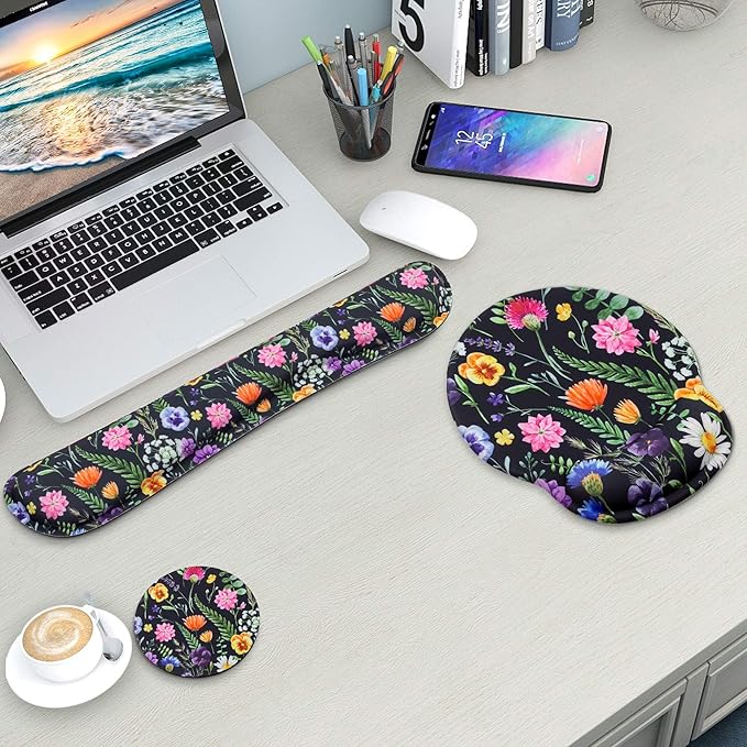 Mouse Pad and Keyboard Wrist Rest Support, with Non-Slip PU Base,Gel Mouse Pad with Coaster,Pain Relief for Gaming, Computer,Office -Floral Background