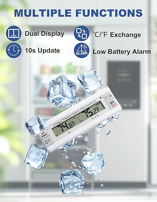 Digital Refrigerator Thermometer 2 Channel Freezer Thermometer with Alarm Sound Reminder Thermometer Fridge with Max/Min Temperature Record Freezer Alarm with Magnetic Back for Home Kitchen