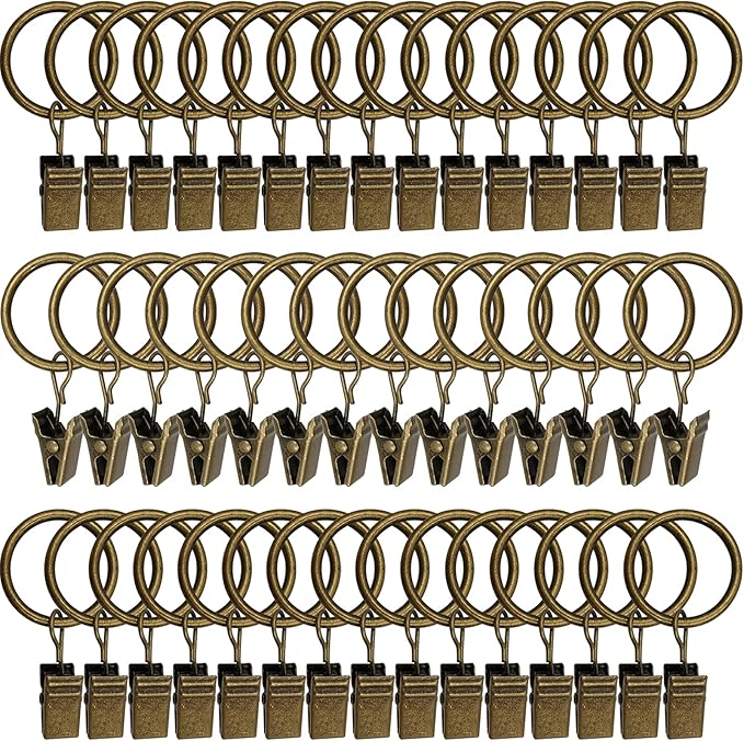 AMZSEVEN 44 Pack Metal Curtain Rings with Clips, Drapery Clips with Rings, Drapes Rings 1 inch Inner Diameter, Fits Diameter 5/8 inch Curtain Rods, Vintage Bronze