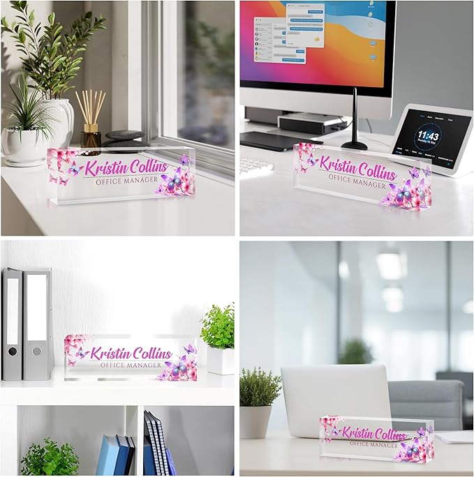 Custom Name Plate for Desk, Personalized Desk Name Plate on Clear Acrylic Glass, Appreciation Gifts for Teacher Employee Boss Coworkers Nurse, Office Desk Accessories for Women Men (Bubblegum)