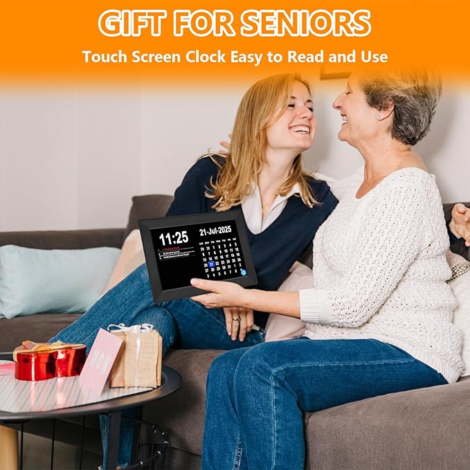 Jazeyeah10.1 Touch Screen Extra Large Digital Clock with Date and Day for Elderly,Medicine Reminders,Dementia Alzheimers Clocks for Seniors, 64 Alarm 40 Reminders, Auto DST, (Black)