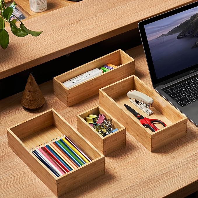 Umilife Bamboo Kitchen Drawer Organizer, Extra High Silverware Tray, Flatware Cutlery Storage Box, Multi-Use Holder in Office, Bathroom, Pantry - 9"x6"x2.5" (Set of 2)