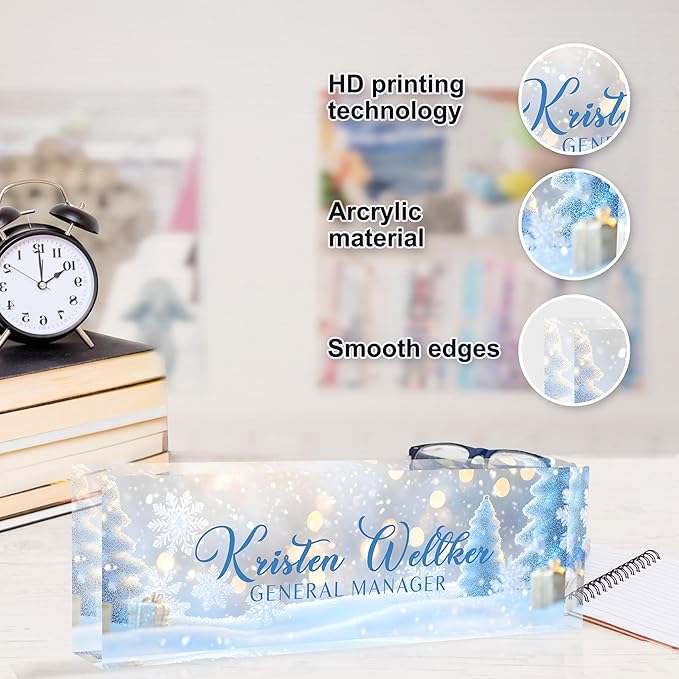 Custom Desk Name Plate Personalized, Acrylic Name Plates for Desk, Office Decor Personalized Gifts for Teacher Coworkers Boss Nurse Blue Christmas Tree