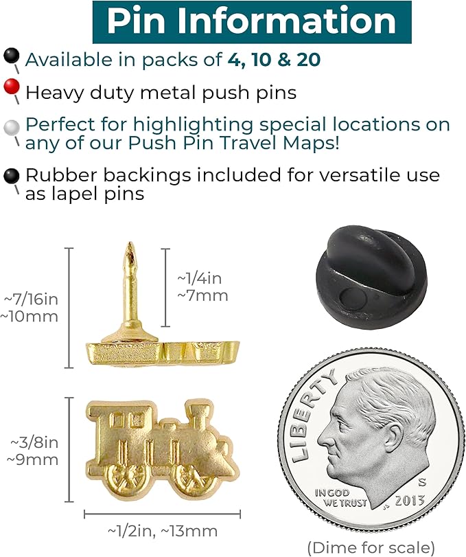 Train Push Pins - Gold Metal Train Pins - for Cork Board, Maps, or Lapel Pin Use - Designed in USA - Set of 20