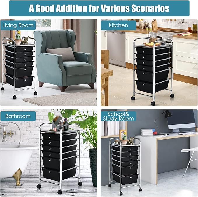 Giantex Rolling Storage Cart with 6 Drawers, Multipurpose Mobile Organizer Cart for Tools Scrapbook Paper Home Office School (Black)