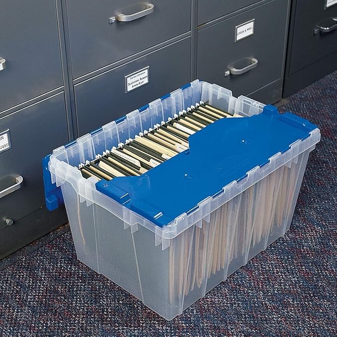 Akro-Mils KeepBox 12 Gallon Storage Container, Nesting and Stackable Plastic Storage Box with Lid Attached and Rails for Letter Size Hanging File Folders, 21" x 15" x 12", Clear/Blue