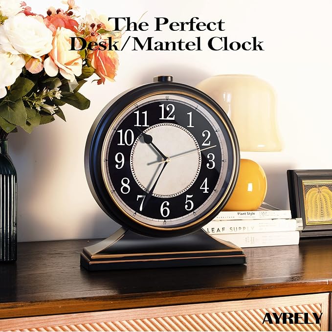 AYRELY® Vintage Desk Clock Silent-Non-Ticking 10-inch dial Table Clock,Retro Mantel Clocks and Easy to Read for Living Room, Bedroom, Shelf Decoration, Fireplace, Farmhouse Decor (Black)