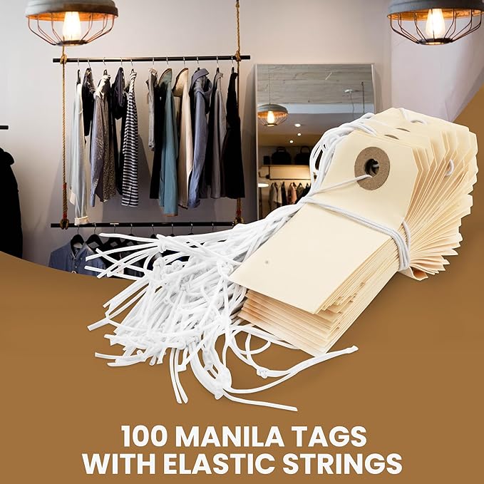 Perco Manila Shipping Tags with Elastic Strings — Small Durable Blank Paper Tags 2¾″ x 1⅜″ — Ideal for Labeling and Inventory Use — Box of 100