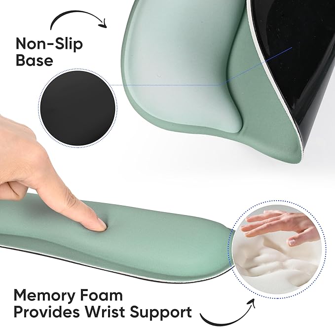 Wrist Rest Support for Mouse Pad Keyboard Set Circle Coaster Gaming Mouse Pad Ergonomic Gel Memory Foam Set for Computer, Laptop, Office, Pain Relief, Comfortably Typing Pure Green KM-34
