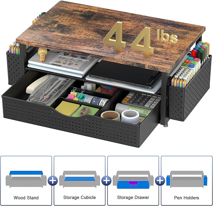 Spacrea Desk Organizer and Accessories, Computer Monitor Stand Riser with Drawer and 2 Pen Holders, Office Desk Accessories & Workspace Organizers for Office Supplies (Wood)