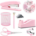 Pink Office Supplies, Pink Desk Accessories, Stapler, Staple Remover, Tape Holder, Pen Holder, Ballpoint Pen, Scissor, Binder Clips, Paper Clips and 1000pcs Staples.