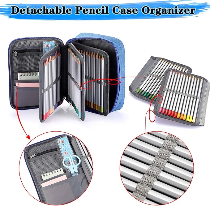 BTSKY® High Capacity Zipper Pens Pencil Case- Multi-Functional Stationery Pencil Pouch 72 Slots Colored Pencil Case Portable Pencil Bags With 2 Removable Sleeves(Blue)