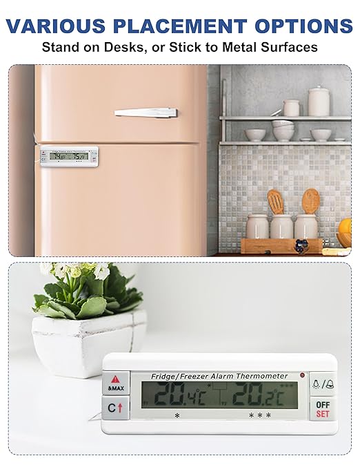 Digital Refrigerator Thermometer 2 Channel Freezer Thermometer with Alarm Sound Reminder Thermometer Fridge with Max/Min Temperature Record Freezer Alarm with Magnetic Back for Home Kitchen