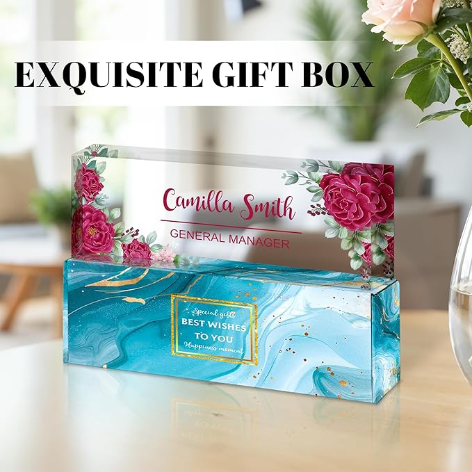 Personalized Name Plate for Desk, Custom Acrylic Desk Name Sign, Office Appreciation Gifts for Women Men Coworkers Boss Teacher Employee (Flower-Rose)