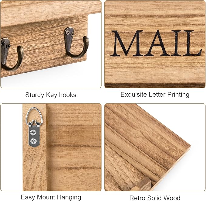 DLQuarts Mail Organizer with Key Holder for Wall Decorative Mail Sorter Wall Mounted, Wooden Mail Holder with 3 Hooks, Carbonized Brown