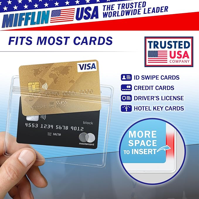 MIFFLIN-USA Card Protector (Clear, 4x3 Inches, 50 Pack), Waterproof and Resealable Horizontal Plastic ID Name Badge Holders