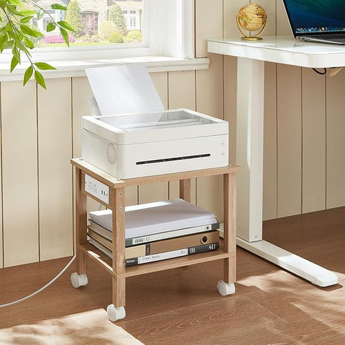 2 Tier Under Desk Printer Stand with Storage, Small Printer Table with Charging Station, Rolling Printer Cart Shelf with Lockable Wheels for Home, Office (Natural)