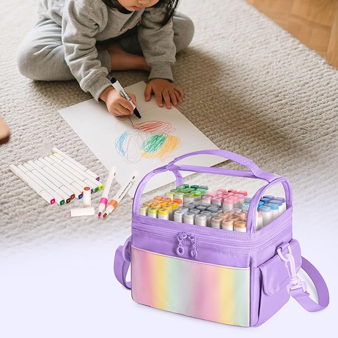 Marker Organizer Case for up to 72 Markers, Marker Storage Bag with Detachable Divider and 3 Extra Pockets, PVC Top Easy Find Your Need, Handle and Shoulder Strap, Purple (Case Only)