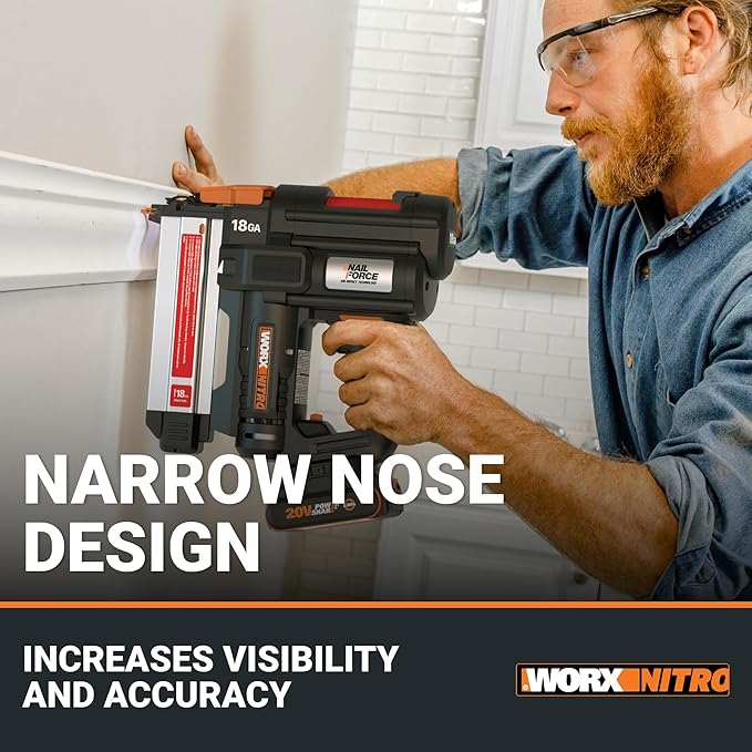 Worx Nitro 20V 18GA Cordless Brad Nailer, Cordless Nail Gun, Nail Gun Battery Powered, Up to 2 Inch, Tool-Free Jam Release, Trimming & Molding, Baseboard WX842L PowerShare – Battery, Charger Included