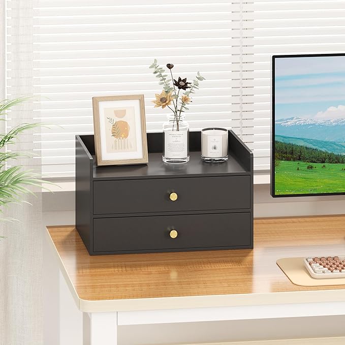 Bamboo Desk Organizer with Drawers Wooden Desktop Storage Organization Box for Bills Office Supplies Kitchen Utensils Organizing Tool for Home Classroom Vanity, No Assembly Required (2 Drawers, Black)