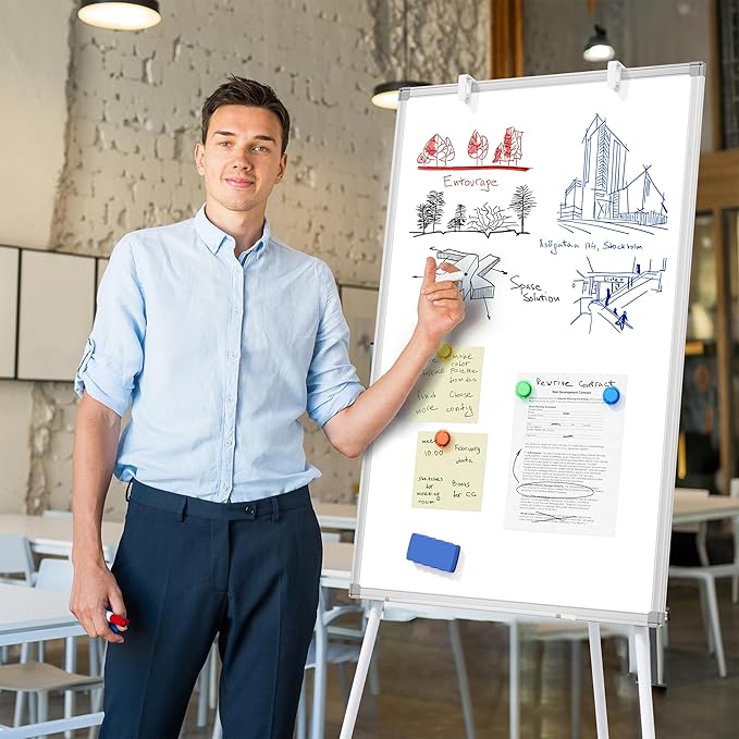 Easel White Board with Stand, 36" x 24" Magnetic Portable Dry Erase Whiteboard, 3' x 2' Tripod Height Adjustable Flip Chart Standing Easel for Office or Teaching Kids at Home & Classroom, Silver