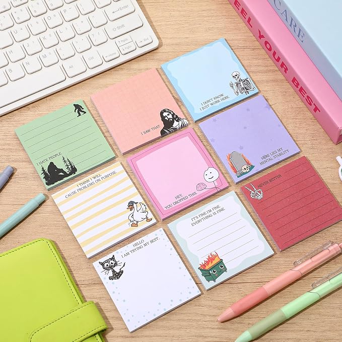 9 Pads Cute Sticky Notes Cartoon Self Stick Notepads 3x3 Inches Notes Adhesive Memo Pad Office Decor Gifts for Students School Teacher Office Meeting (Funny)
