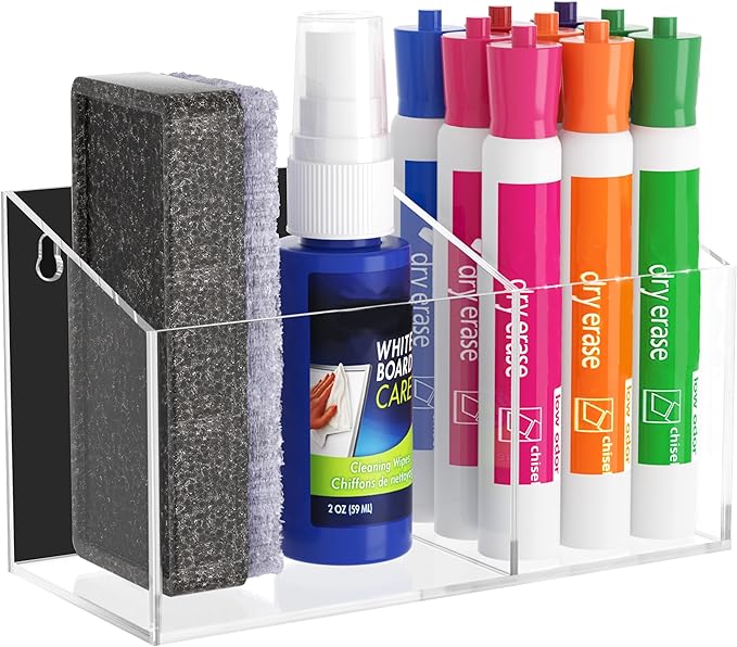 HBlife Magnetic Dry Erase Marker Holder for Whiteboard with 2 Compartments, Acrylic Wall Mount Magnet Pen Pencil Holder for Refrigerator, Locker Organizer Accessories for Classroom Office, Clear