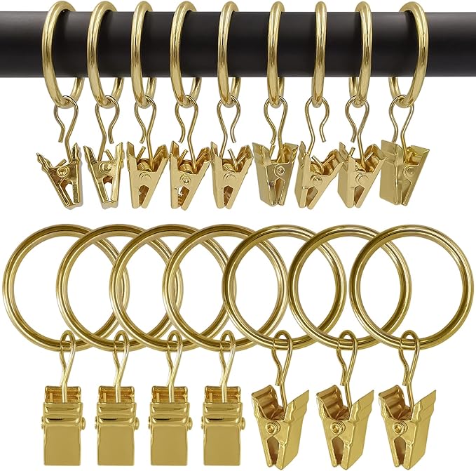 AMZSEVEN 100 Pack Metal Curtain Rings with Clips, Drapery Clips with Rings, Drapes Rings 1 inch Inner Diameter, Fits Diameter 5/8 inch Curtain Rods, Gold Color
