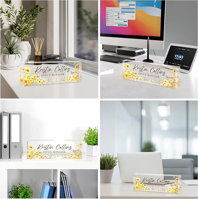 Custom Name Plate for Desk, Personalized Desk Name Plate on Clear Acrylic Glass, Appreciation Gifts for Teacher Employee Boss Coworkers Nurse, Office Desk Accessories for Women Men (Daffodil)