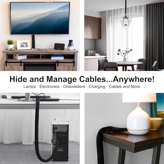 Chandelier Chain Cover 2 Pack Touch Fasteners Black 3.28 Feet Brushed Polyester Fabric Chain Sleeve for Chandelier Cord Cover Decorative Cord Hider Easy Install
