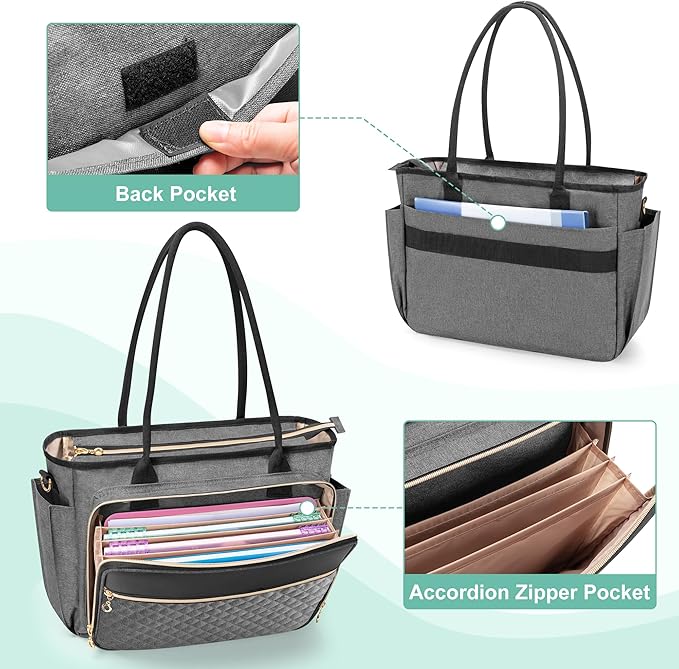 LUXJA Teacher Tote Bag with Accordion File Pocket, Teacher Bag for Women with 15.6 Inch Laptop Compartment, Gray
