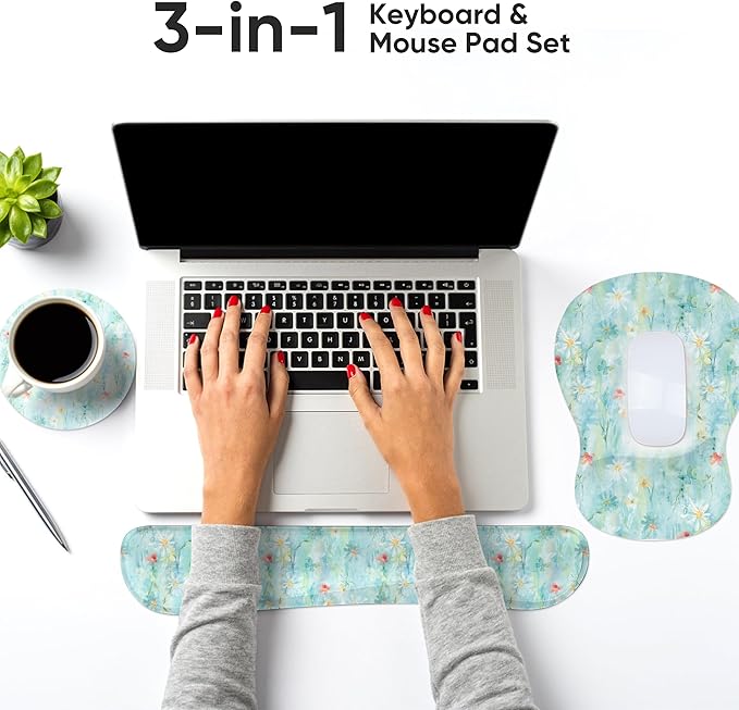 Wrist Rest Support for Mouse Pad Keyboard Set Circle Coaster Gaming Mouse Pad Ergonomic Gel Memory Foam Set for Computer, Laptop, Office, Pain Relief, Comfortably Typing Green KM-36