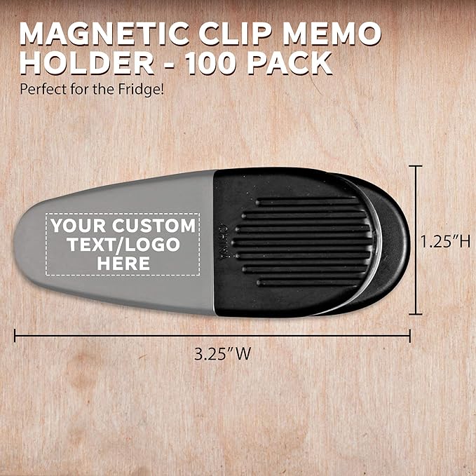 100 Magnetic Memo Holders Set - Customizable Text, Logo - Large Clip, Plastic - Silver Black