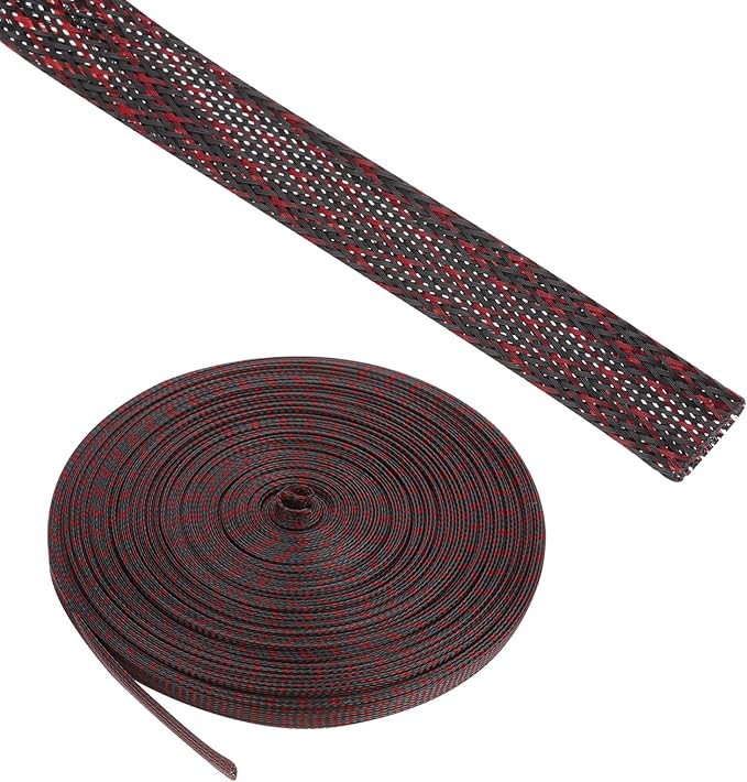 100ft PET Expandable Wire Loom 1/2 Inch, PET Braided Wire Sleeving Cable Management Sleeve Tubing [for Audio Video Home Office Cord Protector]-Black Red