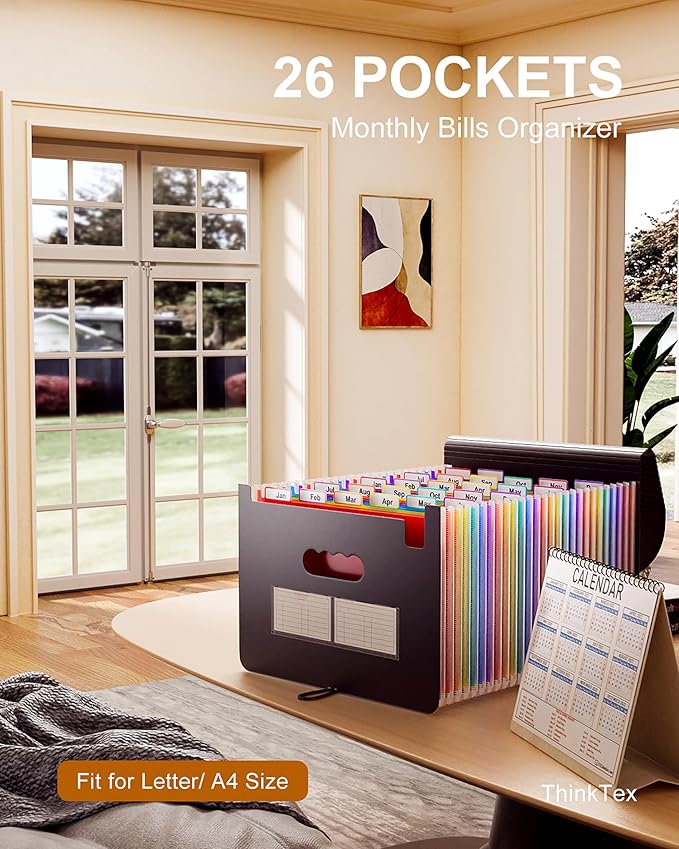 ThinkTex Accordion File Organizer, 26 Pockets Expanding File Folders, Monthly Bill Receipt Documents Organizer, Colorful Tabs, Letter/A4 Size for School, Home and Office, Classroom Must Haves