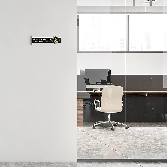 Artblox Personalized Office Desk Name Plate and Business Card Holder | Clear Acrylic Glass with Teak Wood Stand | Lawyer Design Customized with Your Name and Credentials Office Desk Decor