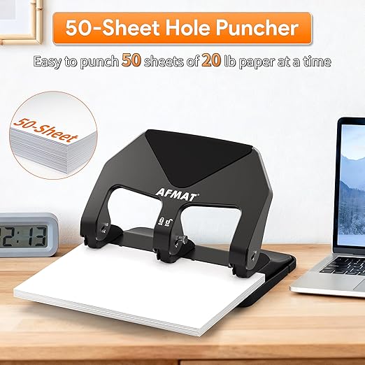 AFMAT Heavy Duty 3 Hole Punch, 50-Sheet Capacity, 50% Reduced Effort Three Hole Puncher for Binder, 10K+ Uses, Large Chip Tray, Adjustable Paper Guide, Office Metal Paper Puncher 3 Ring HP20(Black)