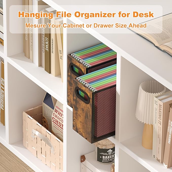 Piskyet Wooden Hanging File Organizer for desk, Metal Mesh File Folder Organizer Crate Cabinet Storage Box with Handle for Home Office Desk,Letter - Size,Rustic Brown