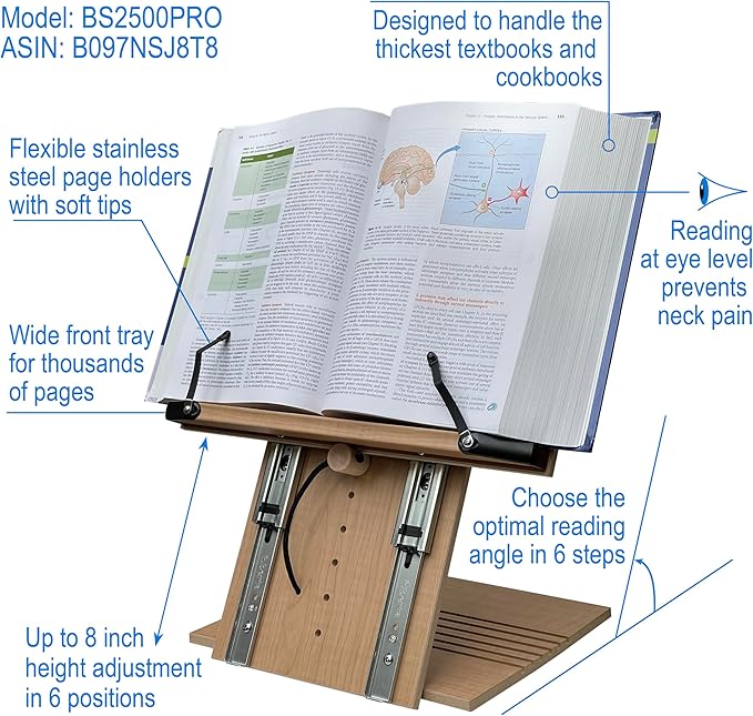 BS2500PRO XL Super Heavy Duty 15.4x10.5 Portable Height Adjustable Foldable Eye Level Bookstand Holder for Reading Hands Free Large Thick Heavy College Textbooks Tablets Neck Pain Free