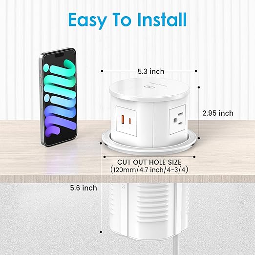 Pop Up Outlet with 15W Wireless Charger, 4 AC Outlets & PD 20W USB Fast Charging, 4.75 inch Desk Hole Power Grommet Connect 6FT Cord for Office, Conference, Kitchen Use(ETL & FCC Listed)
