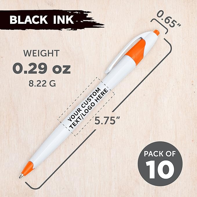 DISCOUNT PROMOS Custom Slim Curvy Ballpoint Pens Set of 10, Personalized Bulk Pack - Black Ink, Retractable, Great for Office, School, Tradeshows - Orange