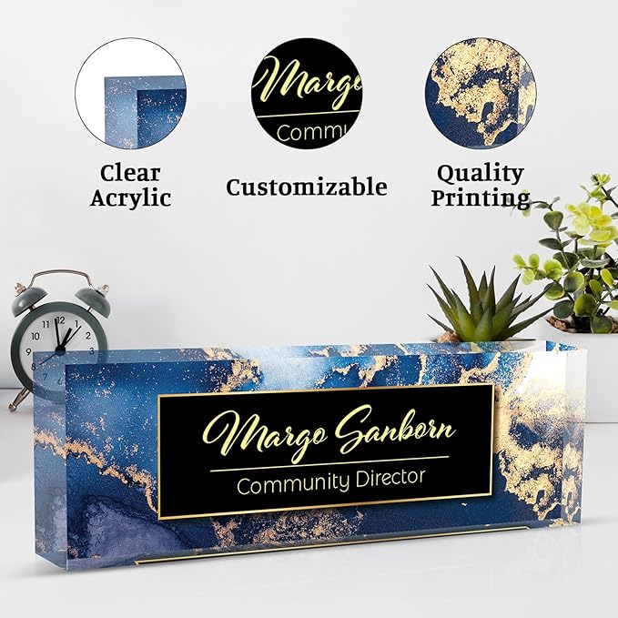 Personalized Name Plate for Desk Custom Acrylic Desk Name Plate Custom Employee Appreciation Gifts Office Gifts for Women, Men, Boss, Coworkers, Teacher, Nurse (A-Blue Marble)