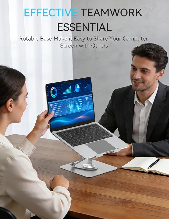 SOUNDANCE Laptop Stand with 360° Rotating Base, Ergonomic Computer Riser for Desk, Adjutable Height Muti-Angle, Foldable Laptop Mount, Stable Metal Holder Support 10-15.6" Notebook PC, Silver Grey