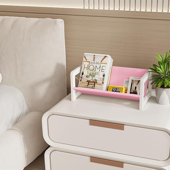 ELITEROO Tabletop Bookshelf, Simple Wood Book Organizer for Desk, Tilted Table Bookcase, Small Desktop Book Rack for Cookbook Display, Kids Reading, Office Storage, Pink